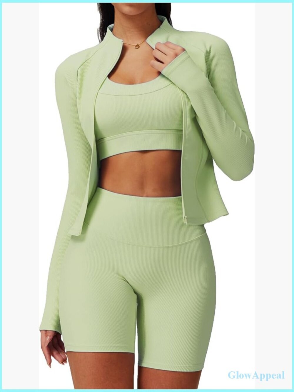 3-Piece Workout Set with Sports Bra, Biker Shorts & Zip Jacket